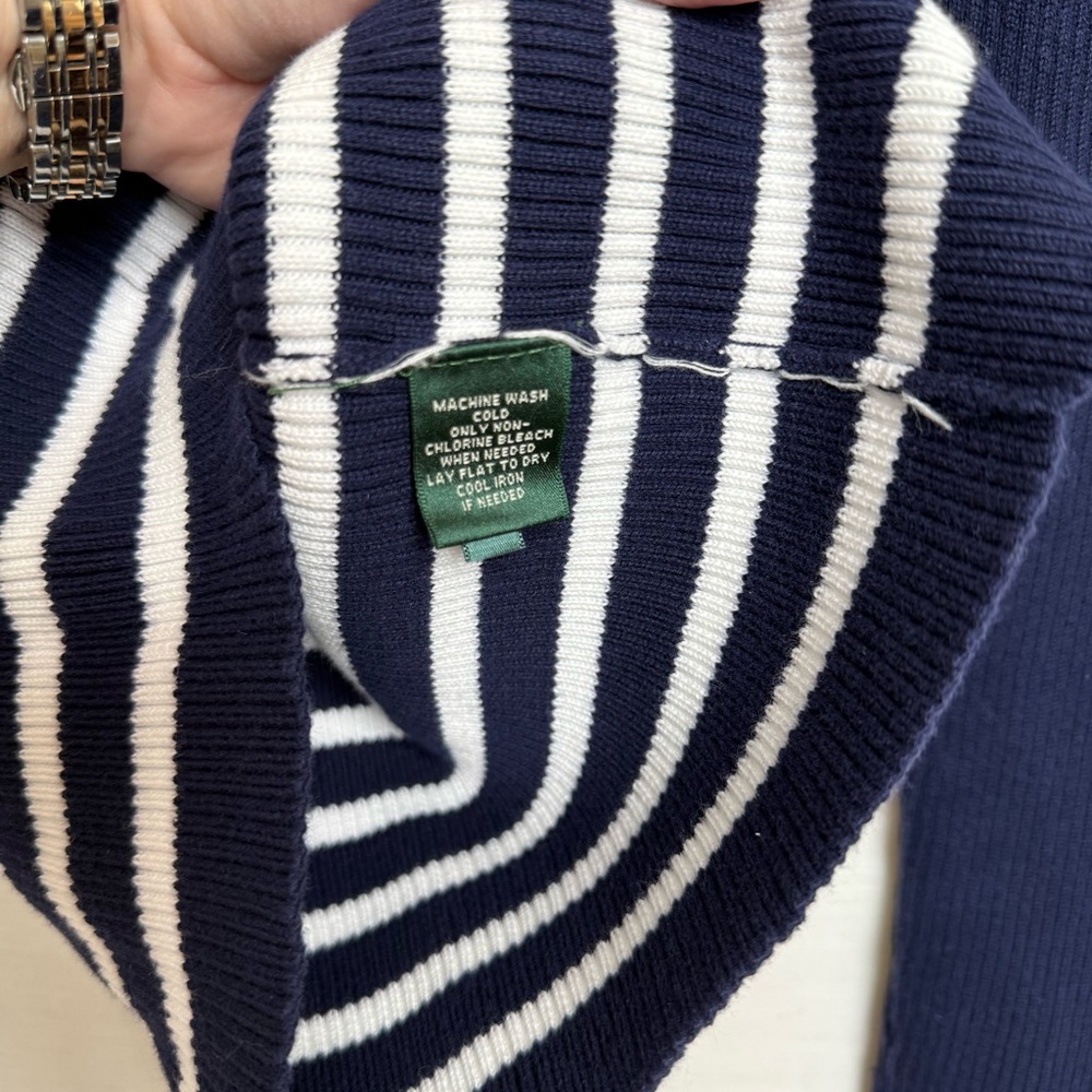 Lauren Ralph Lauren Navy Striped Cotton Sweater L | Nautical Stripe Knit - Picture 5 of 8